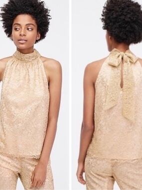 J. Crew Champagne Lace High-Neck Tie-Back Halter Top